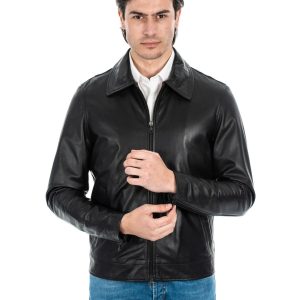 <b> RON </b>  Giacca Biker da uomo in vera pelle nero