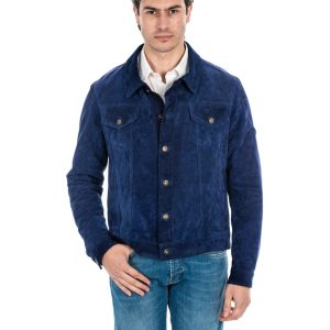 <b> DENNY </b>  Giacca Jeans da uomo in vera pelle scamosciata blu
