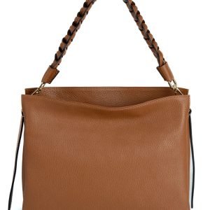 <b> AGATHA </b>  Borsa a spalla in vera pelle martellata colore cuoio con manico intrecciato e tracolla
