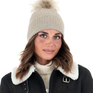 <b> DAISY </b>  Cappello donna in lana beige con pompon in pelliccia