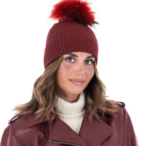 <b> DAISY </b>  Cappello donna in lana bordeaux con pompon in pelliccia