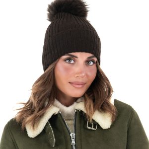 <b> DAISY </b>  Cappello donna in lana marrone con pompon in pelliccia