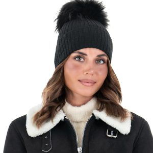 <b> DAISY </b>  Cappello donna in lana nero con pompon in pelliccia