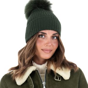 <b> DAISY </b>  Cappello donna in lana verde con pompon in pelliccia