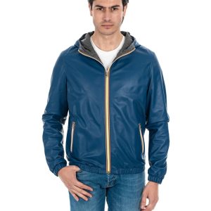 <b> ERIC </b>  Giubbotto Bomber stile K-WAY con cappuccio da uomo in vera pelle blu
