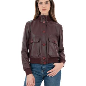 <b> SARAH </b>  Bomber con bottoni da donna in vera pelle bordeaux