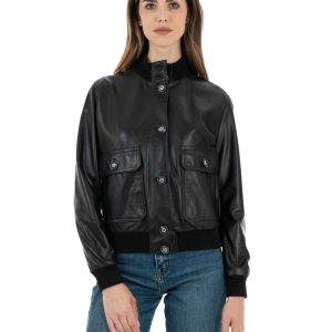<b> SARAH </b>  Bomber con bottoni da donna in vera pelle nero