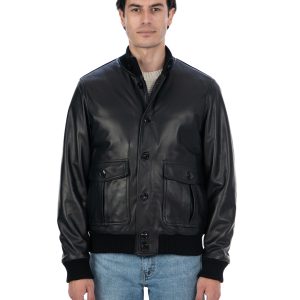 <b> RALPH </b>  Bomber con bottoni e zip da uomo in vera pelle nero imbottito