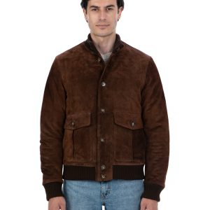 <b> RALPH </b>  Bomber con bottoni e zip da uomo in vera pelle scamosciata cuoio imbottito