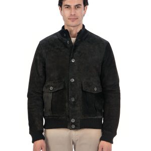 <b> RALPH </b>  Bomber con bottoni e zip da uomo in vera pelle scamosciata nero imbottito