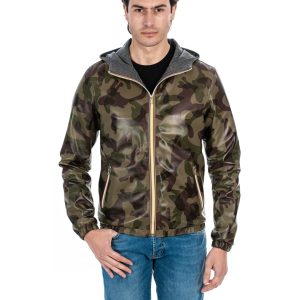 <b> ERIC </b>  Giubbotto Bomber stile K-WAY con cappuccio da uomo in vera pelle mimetico