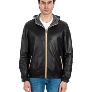 <b> ERIC </b>  Giubbotto Bomber stile K-WAY con cappuccio da uomo in vera pelle nero