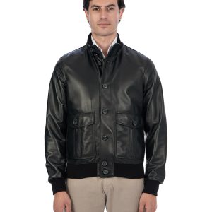 <b> OLIVER </b>  Bomber con bottoni da uomo in vera pelle nero