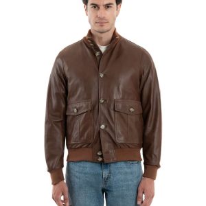 <b> OLIVER </b>  Bomber con bottoni da uomo in vera pelle cuoio effetto tamponato