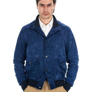 <b> OLIVER </b>  Bomber con bottoni da uomo in vera pelle scamosciata blu