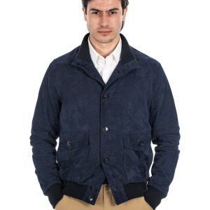 <b> OLIVER </b>  Bomber con bottoni da uomo in vera pelle scamosciata blu notte