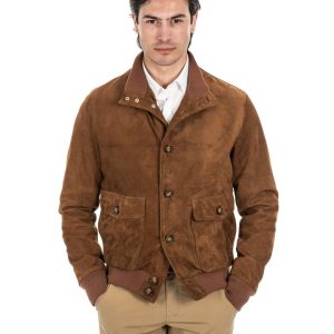 <b> OLIVER </b>  Bomber con bottoni da uomo in vera pelle scamosciata cuoio