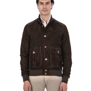 <b> OLIVER </b>  Bomber con bottoni da uomo in vera pelle scamosciata T.Moro