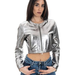 <b> ISABEL </b>  Giacca corta da donna in vera pelle laminata argento