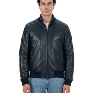 <b> SIMON </b>  Giacca Bomber da uomo in vera pelle blu imbottita