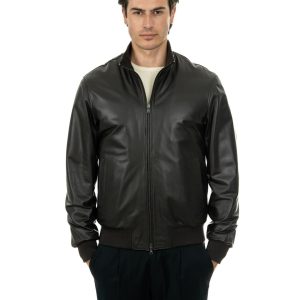 <b> SIMON </b>  Giacca Bomber da uomo in vera pelle marrone imbottita