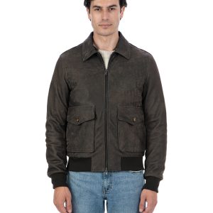 <b> OSCAR </b>  Bomber Collo Camicia da uomo in vera pelle marrone effetto invecchiato