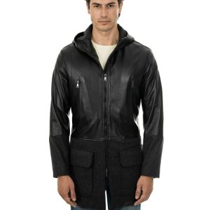 <b> MARK </b>  Giaccone con cappuccio da uomo in vera pelle nero