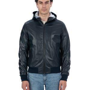 <b> JOHN </b>  Giubbotto Bomber con cappuccio da uomo in vera pelle blu