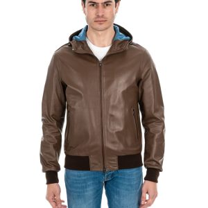 <b> JOHN </b>  Giubbotto Bomber con cappuccio da uomo in vera pelle cuoio