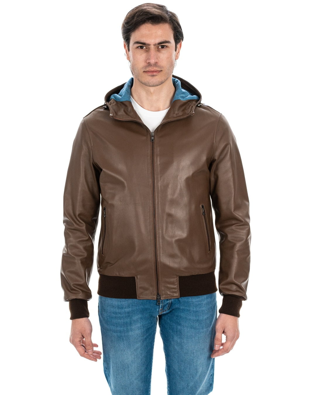 <b> JOHN </b> Giubbotto Bomber con cappuccio da uomo in vera pelle cuoio