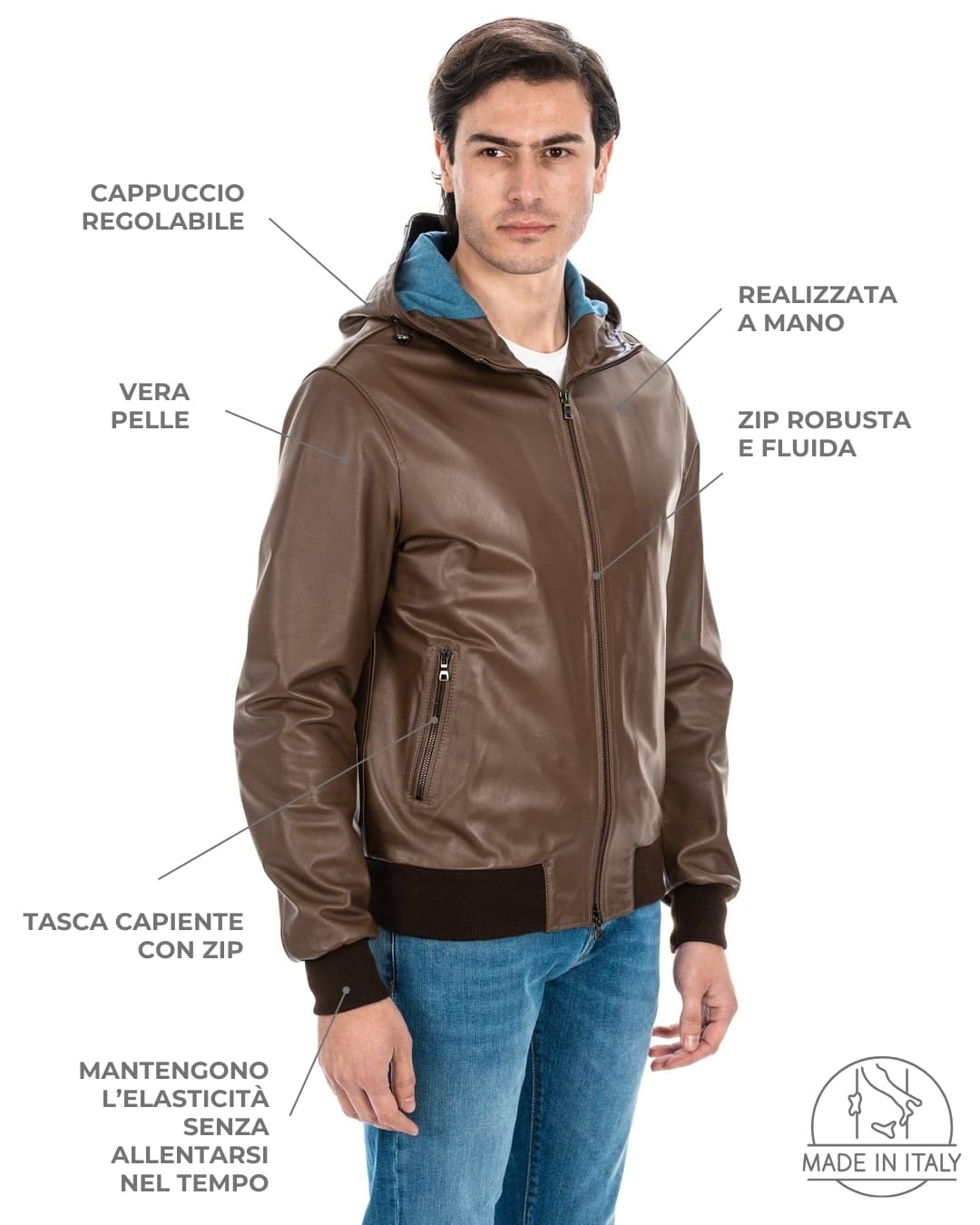 <b> JOHN </b> Giubbotto Bomber con cappuccio da uomo in vera pelle cuoio - immagine 3