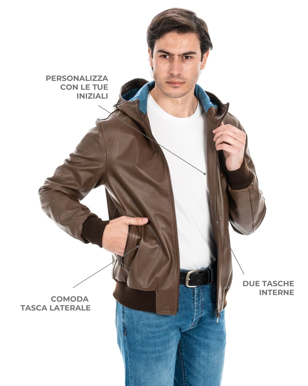 <b> JOHN </b> Giubbotto Bomber con cappuccio da uomo in vera pelle cuoio - immagine 5