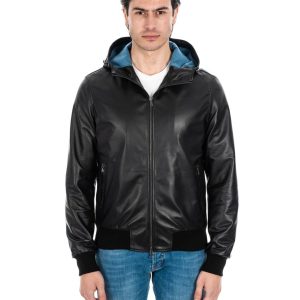 <b> JOHN </b>  Giubbotto Bomber con cappuccio da uomo in vera pelle nero