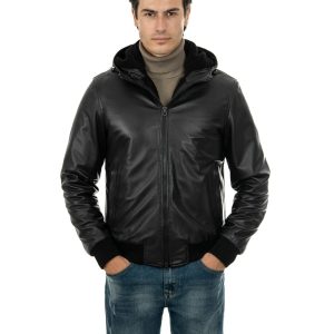 <b> JOHN SH </b>  Giubbotto Bomber con cappuccio da uomo in vera pelle nero imbottito