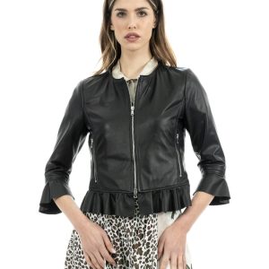 <b> AMBRA </b>  Giacca da donna in vera pelle nero con rouche