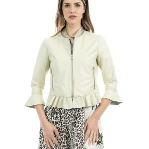 <b> AMBRA </b>  Giacca da donna in vera pelle panna con rouche