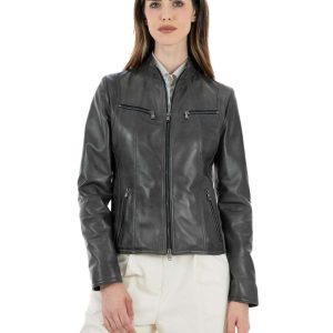 <b> IOLE </b>  Giacca Biker da donna in vera pelle grigio effetto tamponato