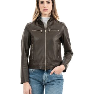 <b> ALBA </b>  Giacca Biker da donna in vera pelle marrone