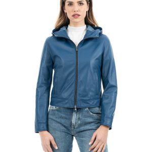 <b> MORENA </b>  Giacca con cappuccio da donna in vera pelle blu