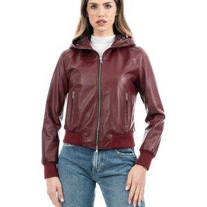 <b> AURORE </b>  Giacca Bomber con cappuccio da donna in vera pelle bordeaux