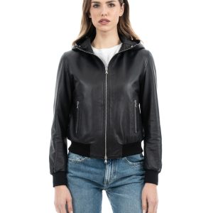 <b> AURORE </b>  Giacca Bomber con cappuccio da donna in vera pelle nero
