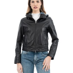 <b> MORENA </b>  Giacca con cappuccio da donna in vera pelle nero