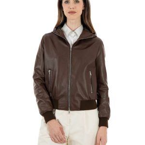 <b> AURORE </b>  Giacca Bomber con cappuccio da donna in vera pelle marrone effetto tamponato