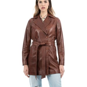 <b> DOMINIQUE </b>  Giacca Cappottino lungo da donna in vera pelle mogano