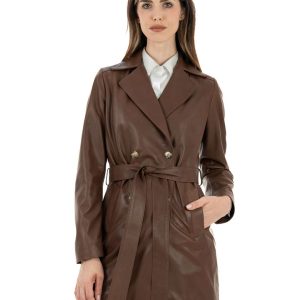 <b> DOMINIQUE </b>  Giacca Cappottino lungo da donna in vera pelle marrone effetto tamponato