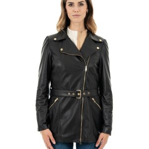 <b> MEGAN </b>  Giacca Chiodo lungo con cintura da donna in vera pelle nero