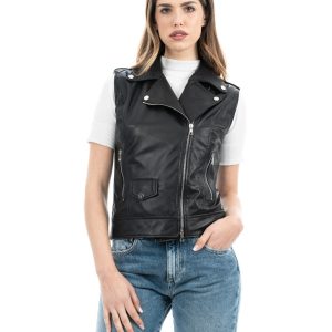 <b> VICTORIA </b>  Gilet Chiodo Smanicato con cintura da donna in vera pelle nero
