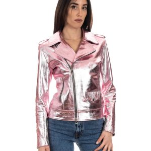 <b> CATHERINE </b>  Giacca Chiodo da donna in vera pelle laminata rosa