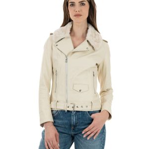 <b> JULIA SH </b>  Giacca Chiodo con cintura da donna in vera pelle panna