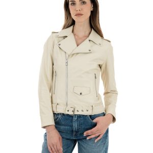 <b> JULIA </b>  Giacca Chiodo con cintura da donna in vera pelle panna